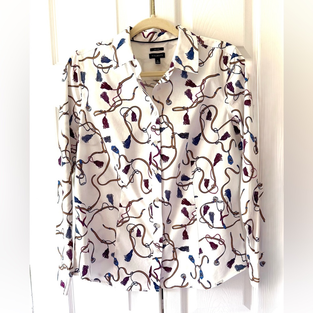 Talbots Women's White Printed Button Down Shirt, Size 8